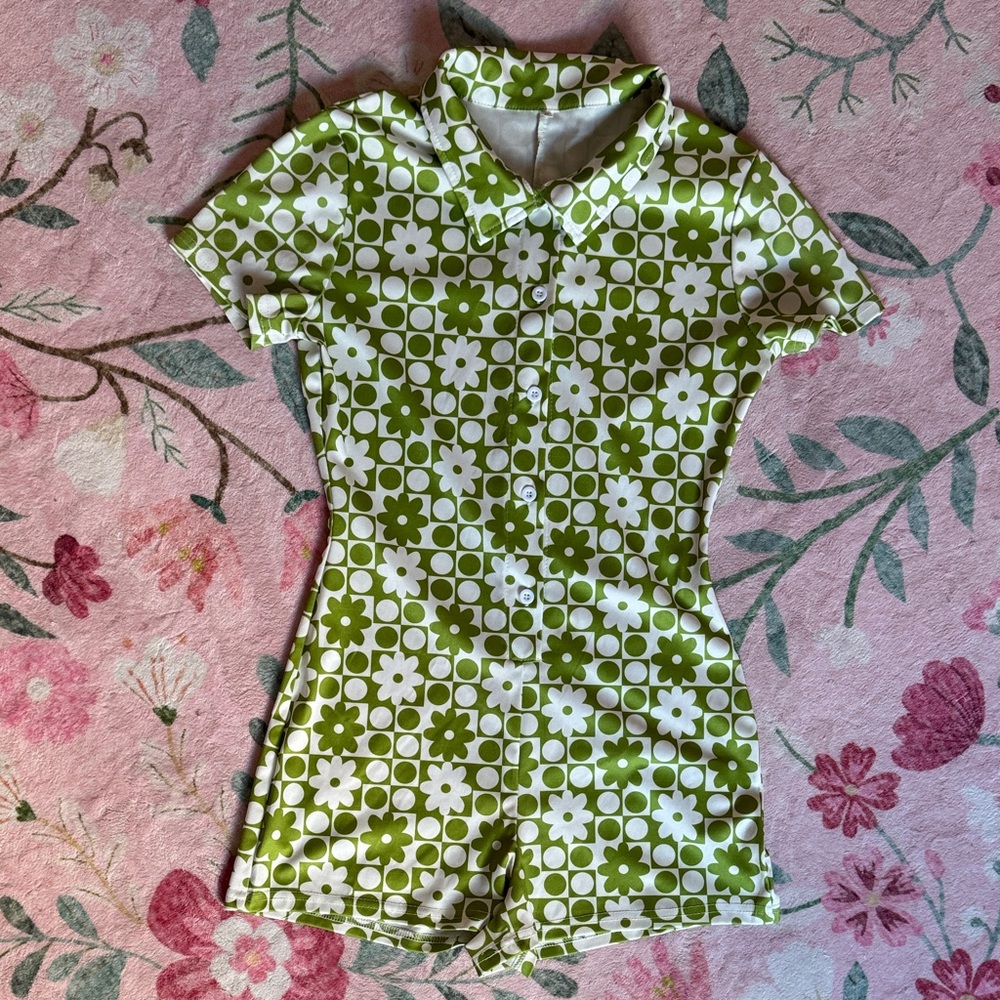 Retro Green & White Floral Mod Romper